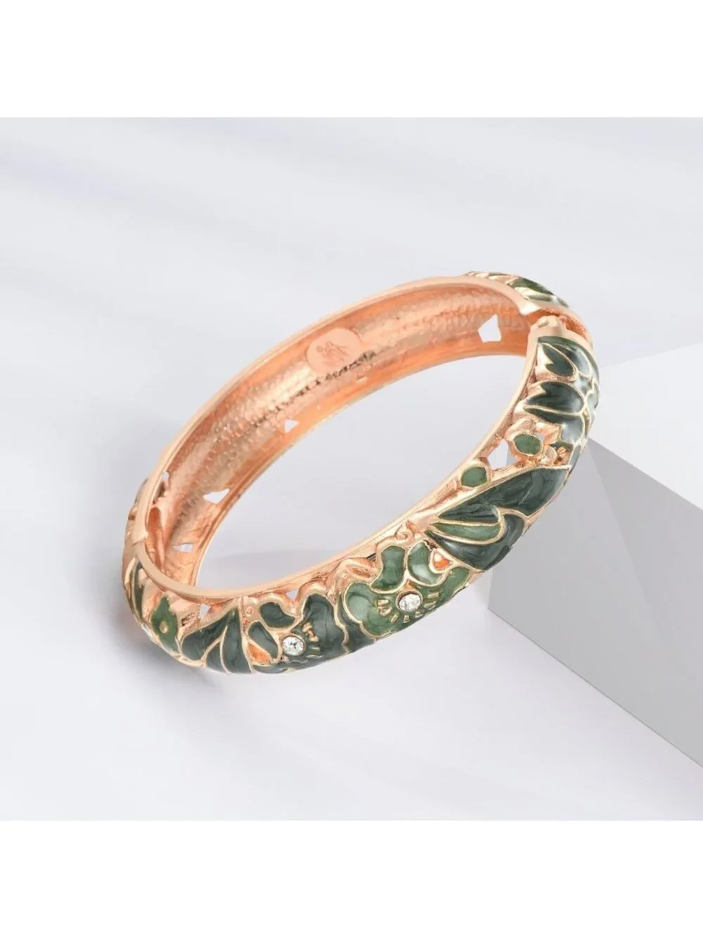 Gorgeous Vintage Cloisonne Enameled Rhinestone Rose Hinged Cuff Bracelet